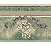 Dundee Deco Wallpaper Border Peel and Stick DDAZBD9263 Abstract Green Damask Wall Border Retro Design, 15 ft x 7 in (4.57m x 17.78cm), Self Adhesive