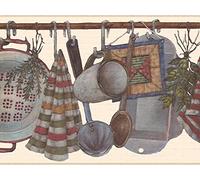 Dundee Deco Wallpaper Border Peel and Stick DDAZBD9272 Kitchen Red Grey Brown Cooking untensils Wall Border Retro Design, 15 ft x 7 in (4.57m x 17.78cm), Self Adhesive