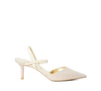 Dune London Ladies Classical Wide Fit Pointed Courts with Elasticated Stra Size UK 7 Stiletto Heel Slingbacks Gold