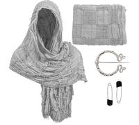 Dune Wasteland Hooded Shawl Medieval Renaissance Hooded Scarf Post Apocalyptic Cowl Cloak with Viking Brooch, Grey, One Size
