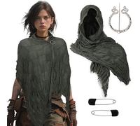 Dune Wasteland Hooded Shawl Medieval Renaissance Hooded Scarf Post Apocalyptic Cowl Cloak with Viking Brooch, Green, One Size