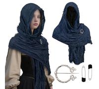 Dune Wasteland Hooded Shawl Medieval Renaissance Hooded Scarf Post Apocalyptic Cowl Cloak with Viking Brooch, Blue, One Size