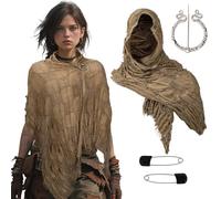 Dune Wasteland Hooded Shawl Medieval Renaissance Hooded Scarf Post Apocalyptic Cowl Cloak with Viking Brooch, Brown, One Size