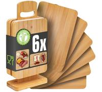 DuneDesign Bamboo Breakfast Board Set with Stand - 6 Small Chopping Boards 22x15 cm for Serving Bread Cheese or Snacks, Space Saving Wooden Board Set for Kitchen countertop and Breakfast Table