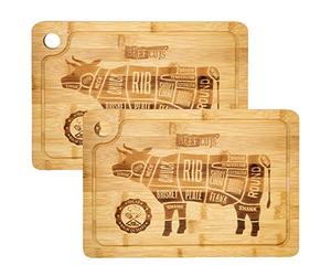 DuneDesign Set of 2 - Bamboo Kitchen Cutting Board - 13x9 in - Wooden Steak Plate with Juice Groove