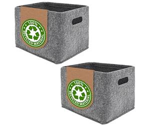 DuneDesign Set of 2: Recycled Felt Rectangular Basket - Grey - Modern - Foldable Storage Box for Toiletries, Closet, Stairs - 32x26cm