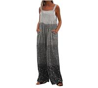 Dungarees for Women UK Clearance Snowflake Printed Square Neck Jumpsuit with Pockets Loose Casual Baggy Sleeveless Overall Long Jumpsuit Playsuit Trousers Pants Romper Overalls Workwear