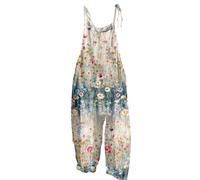 Dungarees for Women UK Cotton And Linen Wide Leg Sleeveless Overalls Summer Floral Printed Lace-Up Strap Petite Bib Jumpsuit Casual Loose Fit Suspender Romper