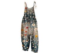 Dungarees for Women UK Cotton And Linen Wide Leg Sleeveless Overalls Summer Floral Printed Lace-Up Strap Petite Bib Jumpsuit Casual Loose Fit Suspender Romper