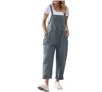 Dungarees for Women UK Cotton Linen Long Playsuit Button Adjustable Strap Jumpsuit with Pockets Cargo Bib Overalls Loose Sleeveless Romper Beach Holiday Outdoor Summer Casual Trousers