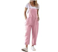 Dungarees for Women UK Cotton Linen Long Playsuit Button Adjustable Strap Jumpsuit with Pockets Cargo Bib Overalls Loose Sleeveless Romper Beach Holiday Outdoor Summer Casual Trousers