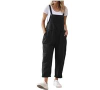 Dungarees for Women UK Cotton Linen Long Playsuit Button Adjustable Strap Jumpsuit with Pockets Cargo Bib Overalls Loose Sleeveless Romper Beach Holiday Outdoor Summer Casual Trousers
