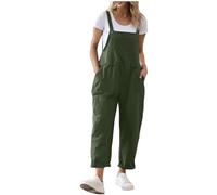 Dungarees for Women UK Cotton Linen Long Playsuit Button Adjustable Strap Jumpsuit with Pockets Cargo Bib Overalls Loose Sleeveless Romper Beach Holiday Outdoor Summer Casual Trousers
