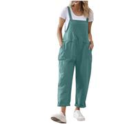 Dungarees for Women UK Cotton Linen Long Playsuit Button Adjustable Strap Jumpsuit with Pockets Cargo Bib Overalls Loose Sleeveless Romper Beach Holiday Outdoor Summer Casual Trousers