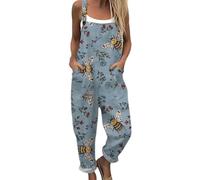Dungarees for Women UK Plus Size Bee Floral Printed Wide Leg Bib Overalls With Pockets Summer Casual Fashion Adjustable Straps Loose Fit Sleeveless Jumpsuit Suspender for Holiday Everyday