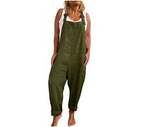 Dungarees for Women UK Sale Clearance Linen Sleeveless Jumpsuits Loose Fit Summer Button Suspender Bib Overalls Solid Boho Rompers Wide Leg Trousers Capri Pants Playsuit with Pocket Size 8-20