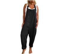 Dungarees for Women UK Sale Clearance Linen Sleeveless Jumpsuits Loose Fit Summer Button Suspender Bib Overalls Solid Boho Rompers Wide Leg Trousers Capri Pants Playsuit with Pocket Size 8-20