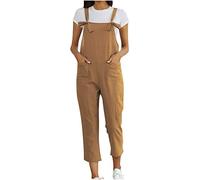 Dungarees for Women UK Sale Clearance Linen Sleeveless Jumpsuits Loose Fit Summer Button Suspender Bib Overalls Solid Boho Rompers Wide Leg Trousers Capri Pants Playsuit with Pocket Size 8-20