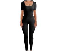 Dungarees for Women UK Womens Jumpsuits Short Sleeve Bodysuit for Women Ribbed Set Bodycon Jumpsuit for Women Ribbed Low-Neck Short-Sleeve Hip-Lifting Slim Bodysuit Black