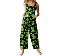 Dungarees Women's Jumpsuit Women's Green Clover St Patricks Day Costume with Pockets Sleeveless Playsuit Lightweight Baggy Overalls One-Piece Casual Loose Romper Wide Leg Romper Dungarees Trouser Suit