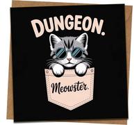 Dungeon Meowster Funny Cat Greeting Card for Gamers, DnD, RPG, G irthday, 145mm x 145mm Square with Kraft Envelope, Blank Inside, Cute Kitten in Sunglasses, Humor Card
