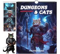 Dungeons & Cats Adventures Calendar, Funny Cat Adventure Hanging Calendar 2026, 12-Month Cat-Themed Art Wall Calendar for Home & Kitchen Decor, Christmas White Elephant Gift for Kitty Lovers