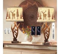 Dungoo 26 Inch Touch Control Antlers Table Lamps, Set of 2, 3-Way Dimmable Rustic Lamp with 2 USB Ports, Natural Antlers Lamp with Deer, Forest Lampshade, Farmhouse Lamps for Living Room, Foyer