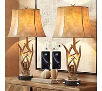 Dungoo Rustic Western Deer Table Lamps with Nightlight Set of 2, 26" Rustic Bedside Lamps for Bedroom with 2 USB Ports, Natural Antler Table Lamp for Christmas Living Room Gift Foyer Office