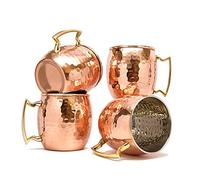 Dungri India Barrel Hammered Copper Moscow Mule Mug, 18 oz - Set of 4 - Handmade of 100% Pure Copper, Nickel Lined, Brass Handle