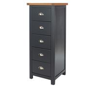 Dunkeld 5 Drawer Narrow Chest, Dark Blue Finish, Antique Oak Top, Elegant Design