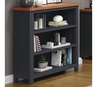 Dunkeld Low Dark Blue Bookcase, Antique Oak Top, Handcrafted, Adjustable Shelves