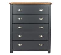 Dunkeld 5 Drawer Chest, Dark Blue Finish, Antique Oak Top, Handcrafted Design