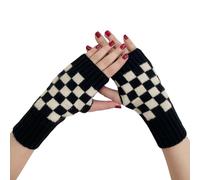 DUNKOING Womens Knitted fingerless Glove Half Finger Gloves With Thumb Hole checkered Warm Mittens Winter Hand Wamers Girls, Black, Medium