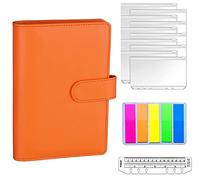 DUnLap A6 Ring Binder A6 PU Leather Binder Budget Notebook Envelopes Planner Organizer System with 10pcs Binder Zipper Pockets,100 Labels, 1Ruler A6 Binder(Orange)