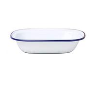 Dunlevy Enamel Pie Dish Oblong Roasting Tray with Porcelain Coating, Alloy Steel Construction, Oven Safe to 270°C, Dishwasher Safe, Freezer Safe, White with Blue Rim, 18 cm