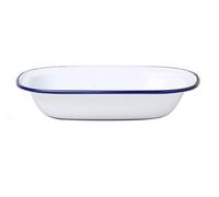 Dunlevy Enamel Pie Dish with Porcelain Coating, Oblong Roasting Tray for Baking, Oven Safe to 270°C, Dishwasher Safe, Freezer Safe, White with Blue Rim, 32 cm