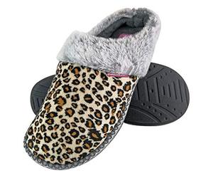 Dunlop - Ladies Cute Cosy Plush Memory Foam Knitted Slippers with Open Back Mules (4 UK, Leopard)