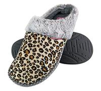 DUNLOP - Ladies Cute Cosy Plush Memory Foam Knitted Slippers with Open Back Mules (Leopard, 3 UK, numeric_3)
