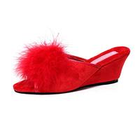 DUNLOP Ladies Famous Boa Jewelled Wedge Heel Mule Slippers UK Size 3,4,5,6,7,8, (7 UK, Red)