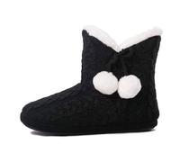 DUNLOP Ladies Famous Slipper Boots, Soft Furry Upper Warm Lining Pom Poms (Black Knit, medium), 3/4 UK (DLH)