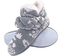 DUNLOP - Ladies Knitted Warm Fleece Plush Slippers Booties in Grey Fairisle and Pink Cord Styles (Grey, 8, UK Footwear Size System, Adult, Women, Numeric, Medium, 8)