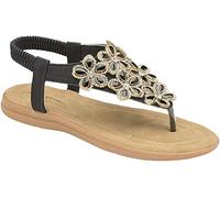 Dunlop Ladies Women's Summer Folk Round Clip Toe Sandals Beach Flip Flops Flat Elastic T-Strap Post Thong Sandals Shoes (6 UK, Black.)