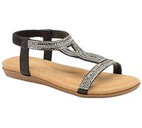 DUNLOP Ladies Women's Summer Folk Round Clip Toe Sandals Beach Flip Flops Flat Elastic T-Strap Post Thong Sandals Shoes (8 UK, Cynthia - Black/Silver)