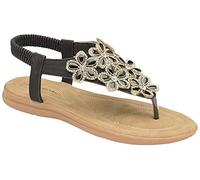 Dunlop Ladies Women's Summer Folk Round Clip Toe Sandals Beach Flip Flops Flat Elastic T-Strap Post Thong Sandals Shoes (8 UK, Black.)