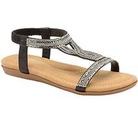 DUNLOP Ladies Women's Summer Folk Round Clip Toe Sandals Beach Flip Flops Flat Elastic T-Strap Post Thong Sandals Shoes (Cynthia Black Sliver, Numeric_7)
