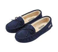 DUNLOP LS152 BETH Ladies Classic Moccasin Slippers with Soft Faux Fur Lining, Memory Foam Insole and TPR Rubber Sole, Navy, Size 5