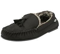 DUNLOP Mens Duke Moccasin Slippers Loafers Faux Suede Soft Faux Fur Lining with Outdoor Sole (10 UK, Black) …