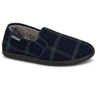 DUNLOP Mens Faux Fur Slippers Memory Foam Warm Winter Slip On House Shoes | Navy Check Pattern | Twin Elastic Gussets | Cushioned Insole | Full Plush Lining | Durable Carpet-Friendly Sole