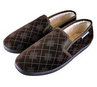 Dunlop - Mens Plush Fur Lined Memory Foam Plaid Checked Moccasin Slippers with Hard Sole (9 UK, Brown)