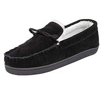 Dunlop - Mens Real Suede Leather Faux Sheepskin Fur Plush Fleece Lined Moccasin Slippers - Memory Foam - Rubber Sole - House Bedroom Indoor (12 UK, Black)